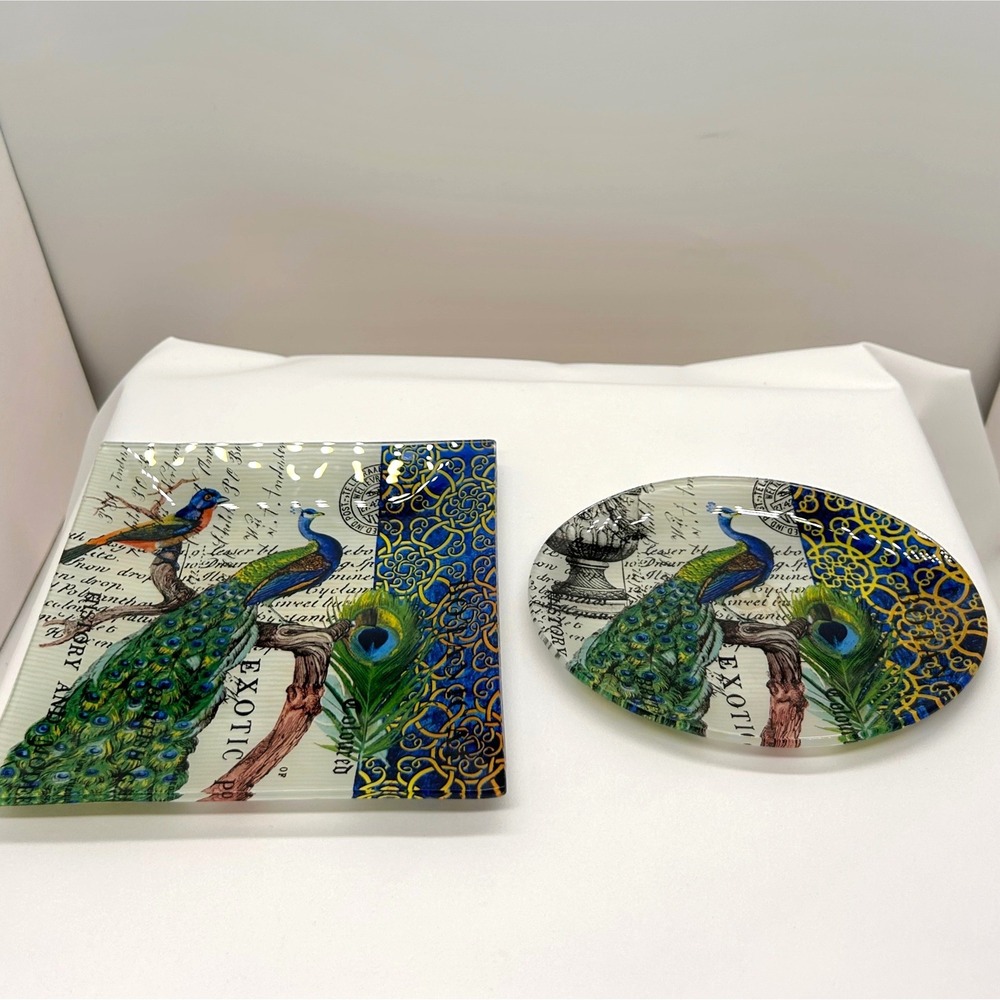 Peacock Glass Trinket Tray Set 2pc Square Oval Vintage Script Exotic Bird Decor